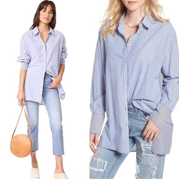 Free People Lakehouse Oversized Multi-Blue Striped Button-Down Shirt Tunic Large - Picture 1 of 16